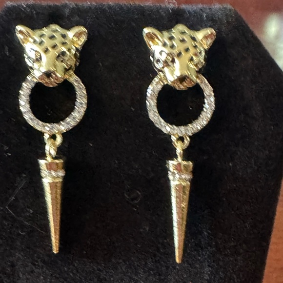 Vintage Leopard, Panther, Cat Head, Cone Drop Cubic Zirconia Circle, Earrings - Picture 7 of 7